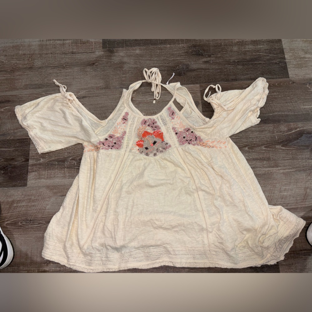 Free People Cream Cold-Shoulder Embroidered Halter Tunic